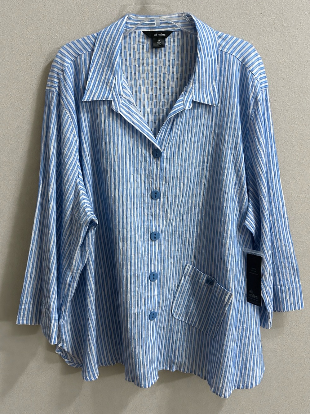NEW Ali Miles Blouse Top Plus Size 3X Blue Lightweight Button Up Coastal Beachy